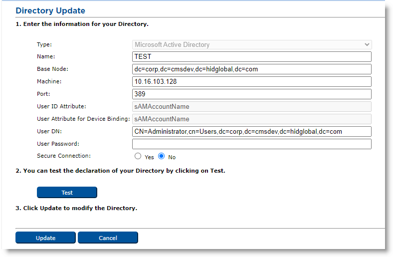 Directory Update dialog box with various fields that can be updated available in step 1, followed by a Test button displayed in step 2, and a Create button as well as a Cancel button in step 3 